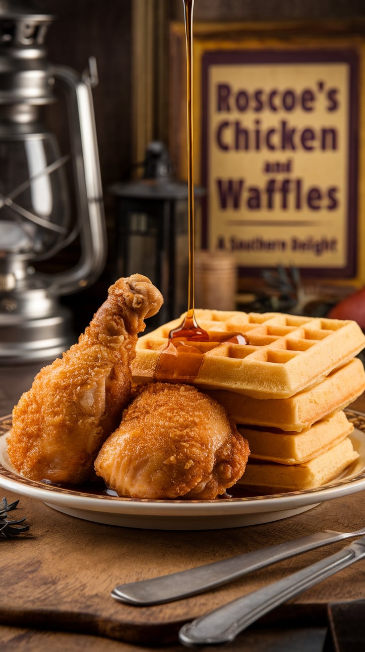 Indulge in the familiar seasonings and heartwarming aromas that make Roscoe's a beloved staple. Each bite of the succulent chicken combines beautifully with the sweetness of the waffles, delivering the same mouthwatering experience that fans cherish, right from the comfort of your own dining table.