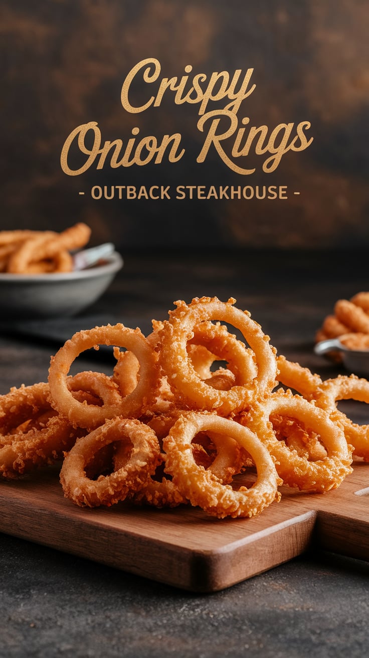 Satisfy your craving for comfort food with this copycat recipe for Crispy Onion Rings that perfectly mimics the famous version from Outback Steakhouse. Each ring boasts a crunchy, golden exterior that gives way to sweet, tender onion inside, making it a must-try for any onion ring lover.