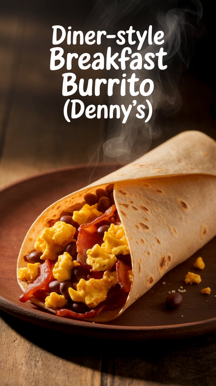 Experience the hearty goodness of a diner-style breakfast burrito inspired by Denny's, where classic ingredients come together for a satisfying morning meal. Imagine a soft tortilla packed with scrambled eggs, crispy bacon, savory sausage, and a medley of cheese, bringing comfort and flavor to your breakfast routine.