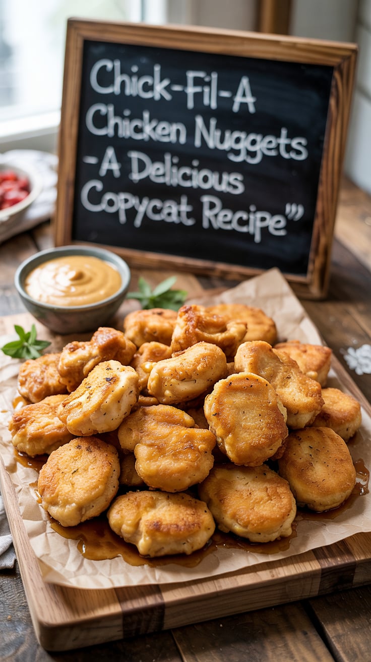 Bring the iconic taste of Chick-fil-A right to your kitchen with this delectable copycat Chicken Nugget recipe. Each bite bursts with savory goodness, and the crispy exterior is a perfect compliment to the juicy chicken inside. Discover how simple it is to create this fan-favorite dish at home!