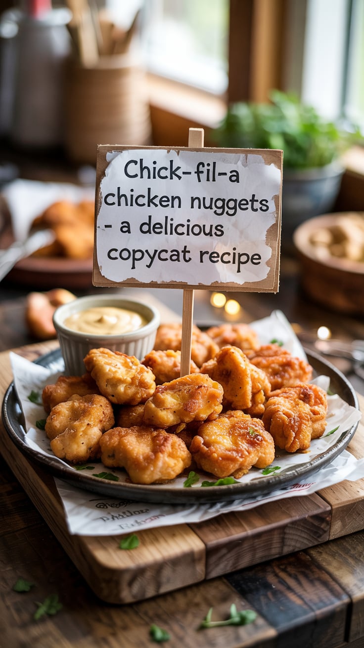 Get ready to experience the mouthwatering flavors of Chick-fil-A with this easy-to-follow copycat chicken nugget recipe. Featuring perfectly seasoned chicken coated in a crispy crust, these homemade nuggets promise to rival the originals. Ideal for family dinners or snack time, they’re sure to be an instant hit!